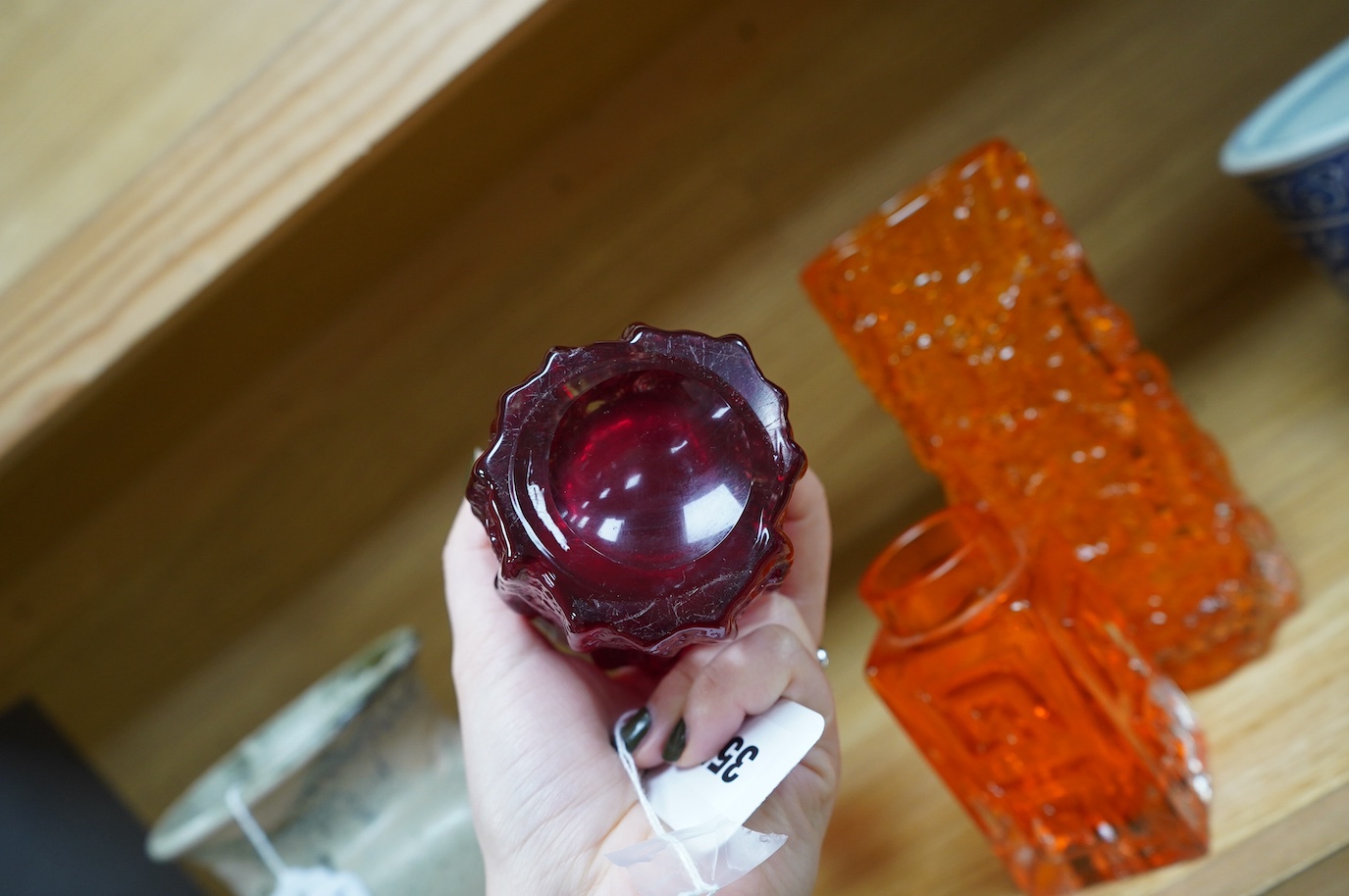 Three Whitefriars vases, two bark effect, Ruby Red and Tangerine, tallest 19cm high. Condition - good